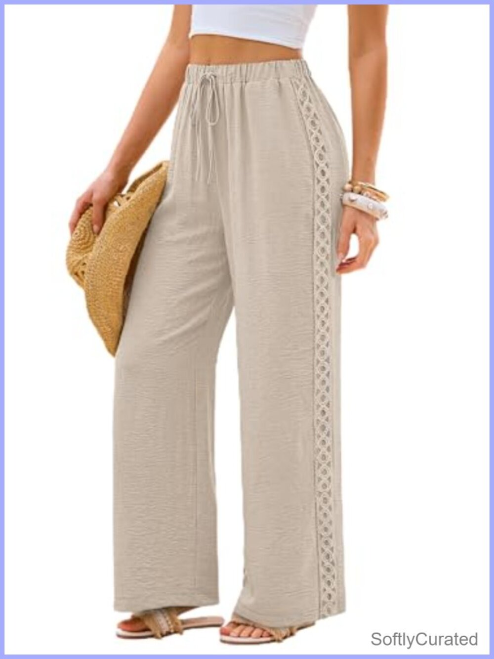 Wide Leg Palazzo Pants Lace Trim Drawstring Waist Pockets Flowy Summer
